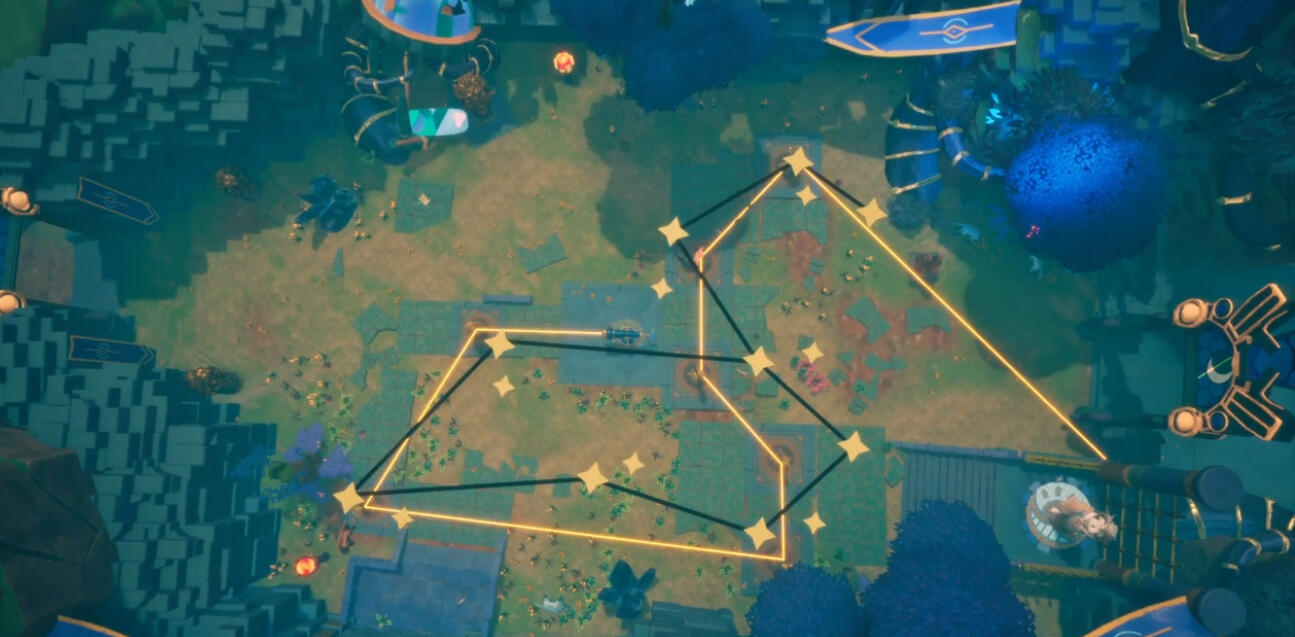 Top-down view of an Ascend puzzle level. Glowing gold lines connect star points across the ground, tracing the completed light path. A darker constellation outline sits beneath it showing the target shape the player is aiming to match.