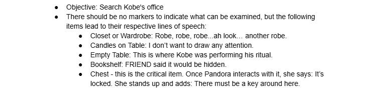 Design document section headed "Objective: Search Kobe's office," listing each examinable object in the room and the dialogue line it triggers.