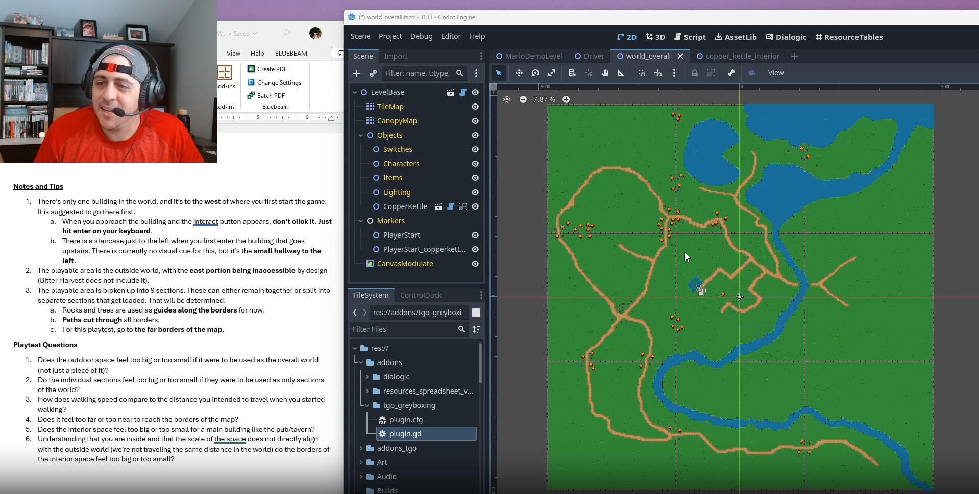 A greyboxed overworld in Godot alongside written notes and playtest questions for the design team.